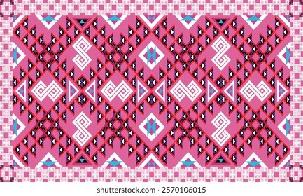 Vivid pink tribal pattern featuring bold geometric shapes, diamond motifs, and intricate accents. Perfect for textiles, home decor, and digital art backgrounds.