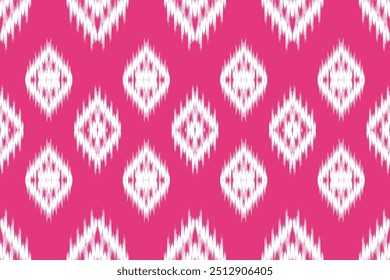 Vivid Pink and White Ikat Pattern with Symmetrical Diamond Shapes, Ideal for Bold Ethnic Textile and Fashion Projects