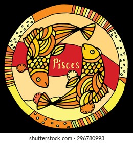 Vivid Pisces horoscope sign vectorized hand draw