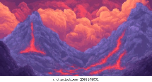 Vivid pixel art landscape featuring volcanic terrain and dramatic red clouds