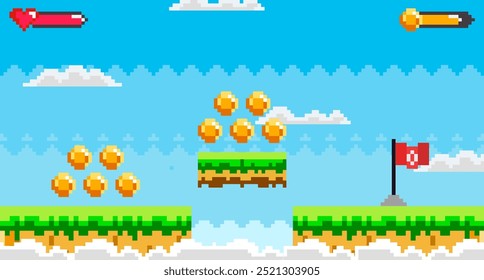 Vivid pixel art scene with hearts, coins, and platforms against a clear blue sky with clouds. Ideal for retro gaming, platform games, video game development, arcade-style graphics, mobile game