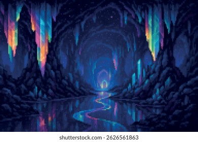 Vivid pixel cave glowing with rainbow crystals and reflections on water. A dazzling, dreamlike fantasy cavern.