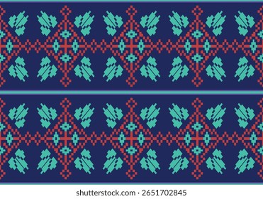 Um padrão de tecido de pixel vívido com motivos florais cianos brilhantes em um fundo marinho profundo. Formas de diamante vermelho criam forte contraste e simetria, formando um design tradicional vibrante e energético.
