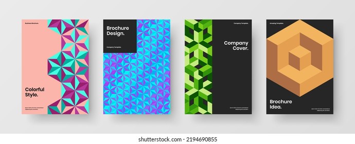 Vivid placard A4 design vector layout set. Bright geometric pattern leaflet template bundle.