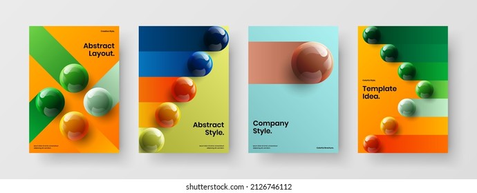 Vivid placard design vector concept set. Geometric 3D balls corporate brochure layout collection.