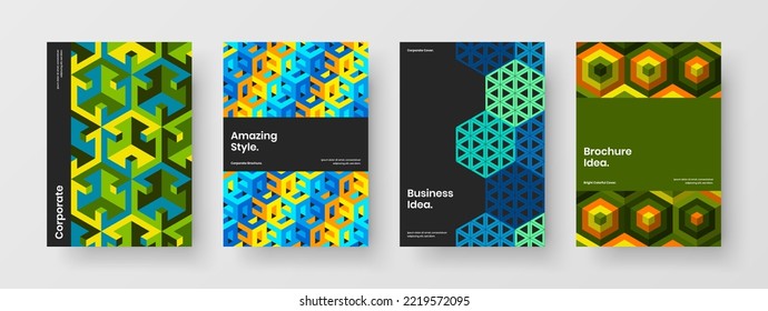 Vivid placard vector design concept set. Creative mosaic hexagons corporate cover template bundle.