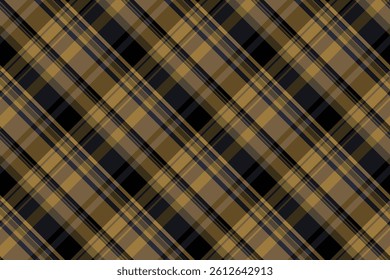 Vivid plaid tartan texture, styling check seamless pattern. Postcard vector textile background fabric in amber and black colors palette.