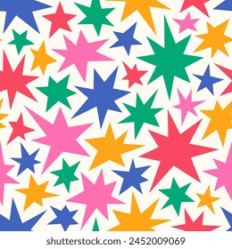 Vivid playful seamless pattern of hand drawn various colorful funny stars and sparks shapes. Cute cartoon childish texture, wrapping paper, textile design.