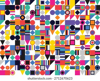 Padrão geométrico vívido inspirado em pop-art para impressões de arte, design de interface do usuário, merchandise, Scrapbooking e marketing criativo — formas de alto impacto para projetos visuais coloridos modernos