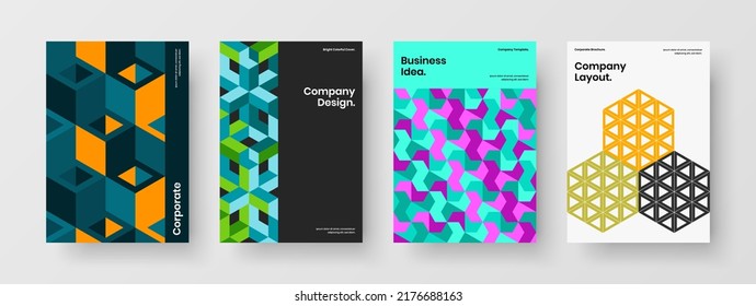 Vivid postcard design vector concept set. Amazing geometric tiles company cover layout bundle.