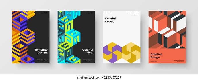 Vivid postcard design vector template bundle. Fresh mosaic shapes book cover layout composition.
