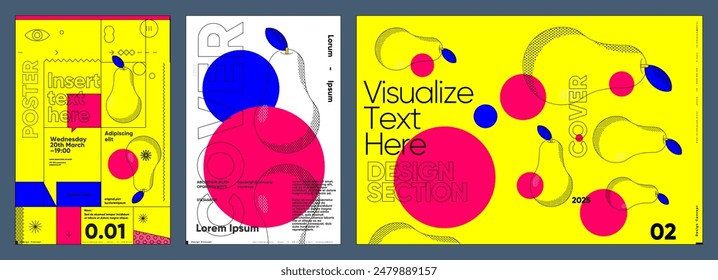 Vivid poster series featuring organic shapes and energetic color contrasts, combining modern typography with playful, abstract elements in a Bauhaus style.