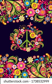 Vivid print on the dark background with floral decorative seamless border and hippie peace flowers symbol for T shirt, bag, fashion print