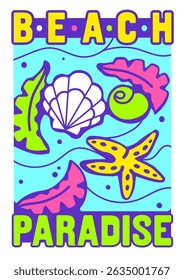 Vivid print with sea shells and starfish in neon tones. Ideal for fun vacation t-shirt design