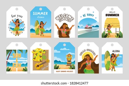 Vivid promo tags design for Hawaii vector illustration. Hawaiian elements and text. Summertime and vacation concept. Template for promotion poster, advertising label or flyer