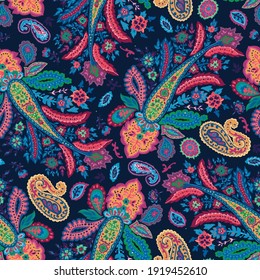 Vivid psychedelic floral background or print, vintage or retro texture or fabric cloth. Leaves and flourishing, trippy abstract decoration. Creative fluid seamless pattern, vector in flat style