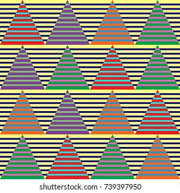 Vivid psychedelic striped triangles. Seamless vector pattern