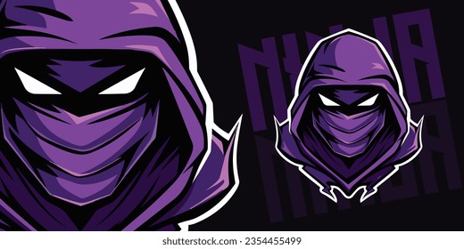 Vivid Purple Ninja Slayer Design: Logo, Mascot, Illustration, Vector Graphic for Sport and E-Sport Gaming Teams, Deadly Ninja Mascot head
