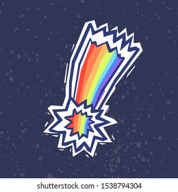 Vivid rainbow comet in graffiti design style on dark blue background. 
