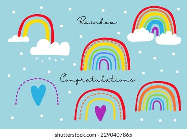conjunto de arcoiris vívido con nube, ilustración de nieve para pegatina,postal,invitación de cumpleaños.Elemento editable