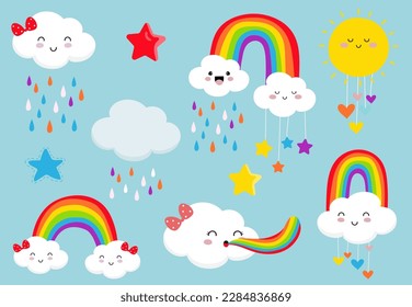 vivid rainbow set with cloud,sun,star,heart illustration for sticker,postcard,birthday invitation.Editable element