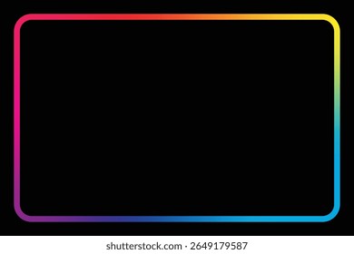 Uma borda vívida, colorida com arco-íris, delimita um espaço escuro e vazio. O quadro tem cantos arredondados e usa um gradiente de cores, criando uma exibição atraente.