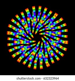 vivid rainbow-colored polygon on a black background. vector psychedelic pattern with iridescent symmetric sign.