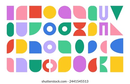 Vivid realistic figures, isolated geometric graphic design elements. Vector brutalist or minimalist elements, circles and squares, half circles and ovals. Futuristic bright decoration for typography