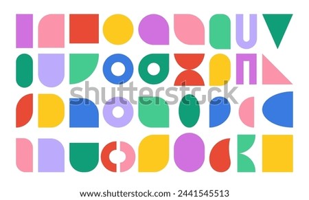 Vivid realistic figures, isolated geometric graphic design elements. Vector brutalist or minimalist elements, circles and squares, half circles and ovals. Futuristic bright decoration for typography