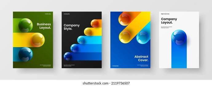 Vivid realistic spheres corporate identity layout bundle. Clean company brochure vector design illustration collection.