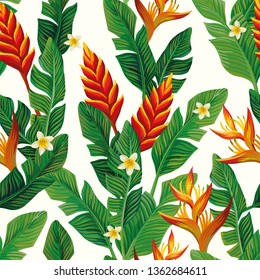 Vivid realistic vector tropical red, orange flowers and green banana leaves seamless pattern on the white background