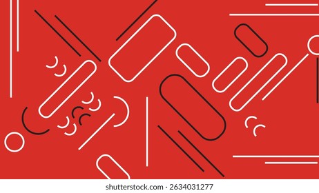 Vivid red abstract artwork with intersecting lines, capsules, and circles in white and black. Ideal for modern digital backgrounds and graphic design use.
