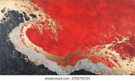 Vivid red abstract motion accented with metallic gold textures, dynamic brush patterns, expressive mixed media surfaces, and bold contemporary design creating a dramatic and energetic visual impact
