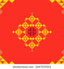 Vivid red background with centered gold-orange motif creates a powerful yet minimal tribal design. Ideal for statement decor or textile.