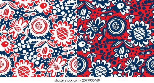 Vivid red and blue floral seamless pattern for background, wrap, fabric, textile, wrap, surface, web and print design. Folk style hand drawn flower repeatable motif.