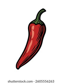 A vivid red chili pepper illustrated, full of flavor and spice. A bold and fiery ingredient illustration for menus or designs.
