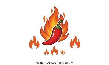 Vivid red chili pepper surrounded by flames, symbolizing spiciness and heat in culinary and flavor themes.