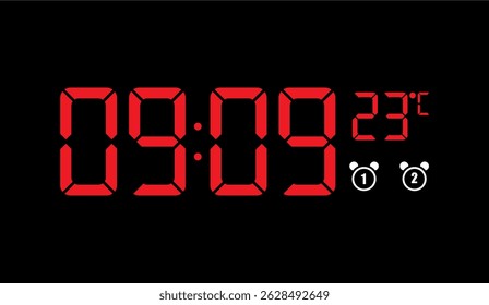 Relógio Digital Vermelho Vivo Exibindo o Tempo 09:09, Temperatura 23�C e Configurações de Alarme Duplo em um Fundo Preto Elegante para a Clareza do Design