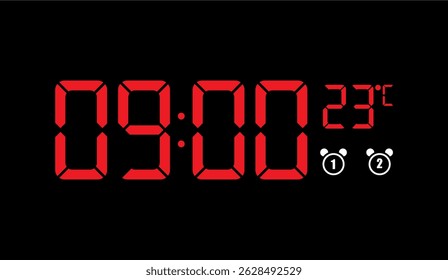 Relógio Digital Vermelho Vivo Exibição 09:00 e uma Temperatura de 23 Graus Celsius, Definido Contra um Fundo Preto Stark com Dois Ícones de Alarme Ilustrando Configurações de Alerta