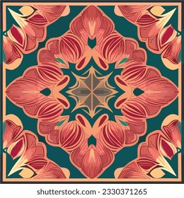 Vivid red flower blooms against a serene blue background, evoking the enchanting essence of Persian design. With influences from art nouveau, this floral motif exudes elegance and grace.
