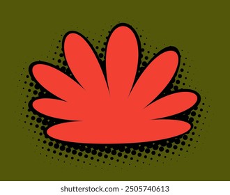 A vivid red graphic element inspired by a bloom, set against an olive green background with pop art halftone shading, offers a modern twist on floral designs.