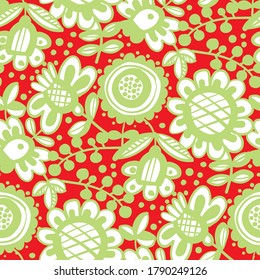 Vivid red and green color floral seamless pattern for background, wrap, fabric, textile, wrap, surface, web and print design. Folk style hand drawn flower repeatable motif. 
