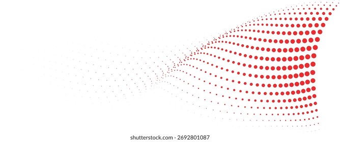 Vivid red halftone wave merging through white fade, modern dotted gradient mesh creating motion depth and energy ideal for design templates and branding