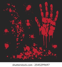 A vivid red handprint is prominently displayed against a dark background surrounded by various sizes of blood splatters creating an intense and dramatic visual effect.