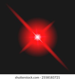 A vivid red lighting effect featuring intense brilliance and intersecting beams. The glowing flare resembles a camera flash or lens reflection. This intricate composition is perfect for futuristic