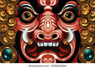 A vivid red mask wdesign exudes an air of mystery and tradition, perhaps indicative of a festival or cultural ceremony, where such masks might play a symbolic roleith fierce eyes and white tusks domin