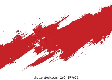 La pintura roja vívida crea un efecto de mancha atrevido y texturizado, que fluye diagonalmente a través de un fondo blanco limpio, ideal para proyectos artísticos o fondos sucios.