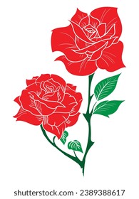 Vivid red rose illustration, vibrant floral art, romantic bloom, botanical design, elegant petal details, nature-inspired graphic, love symbol, passion theme, beautiful flower drawing.