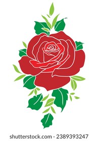 Vivid red rose illustration, vibrant floral art, romantic bloom, botanical design, elegant petal details, nature-inspired graphic, love symbol, passion theme, beautiful flower drawing.