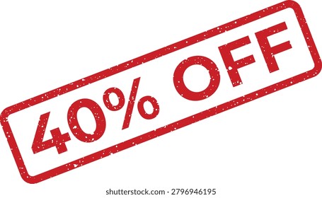Vivid red rubber stamp effect with a grunge texture indicating a forty percent markdown for effective sales and marketing strategies.